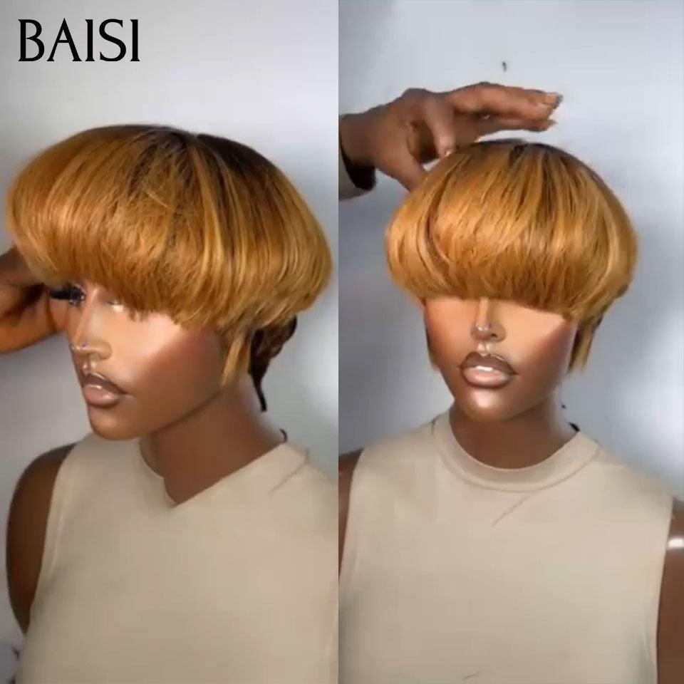 BAISI Perruque Pixie avec frontal finger wave 55€ ou Lisse en couleur miel 4T27# 88€ moitié prix sans colle sans lace  100% Cheveux Humains Fabriqué à la Machine MP50