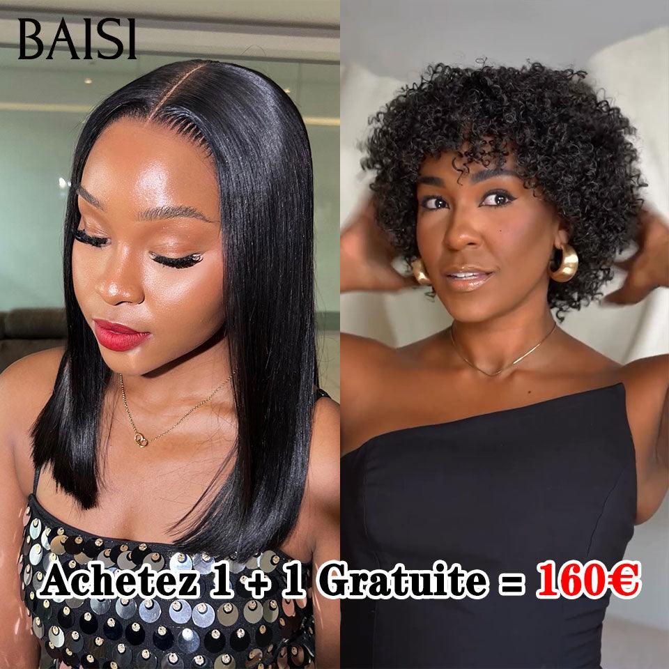 BAISI Achetez 1 + 1 Gratuite = 160€ 2X6 lace bob Lisse et sans lace curly wave ou 13X4 Perruque pixie vague En Couleur Marron 69€ en 100% Cheveux Humains D
