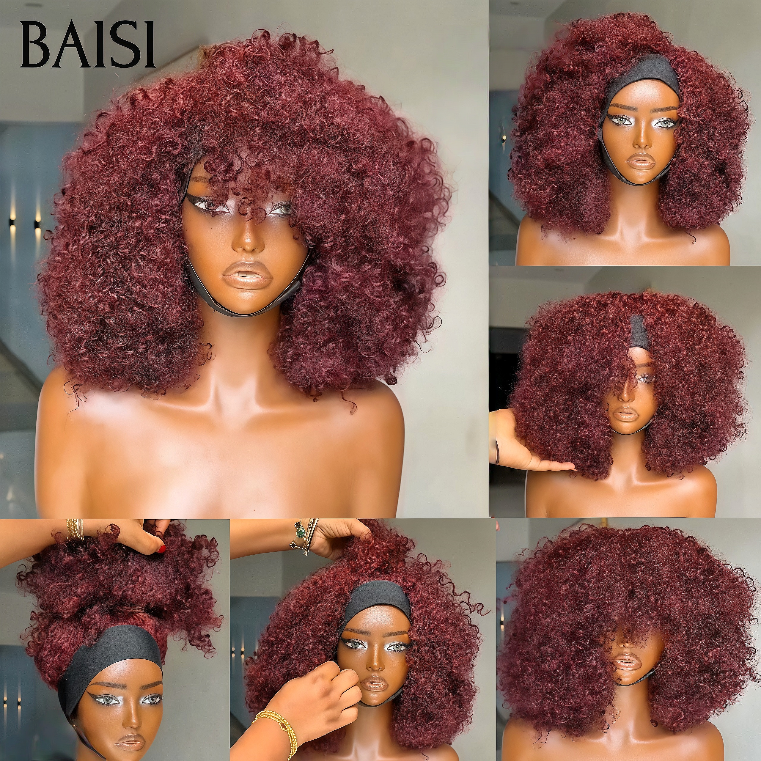 BAISI Perruque Bandeau BOB Prêt-à-porter kinky curly 14 Pouces 400% Volume couleur 33# Fabriquée A La Machine sans Colle sans lace en 100% Cheveux Humains