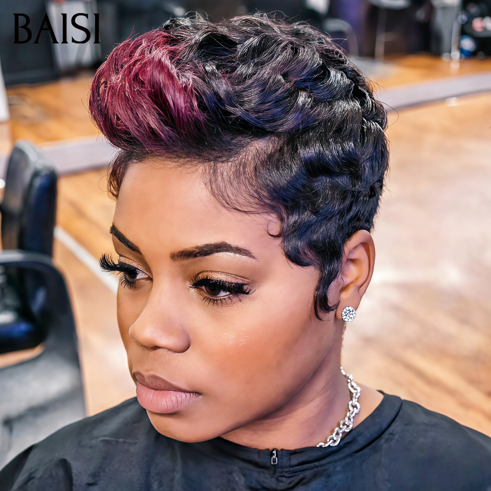 Pixie 69€ PROMO Maintenant 13X4 lace frontal Perruques NOIR Mixte bordeaux en 100% vrais cheveux humains