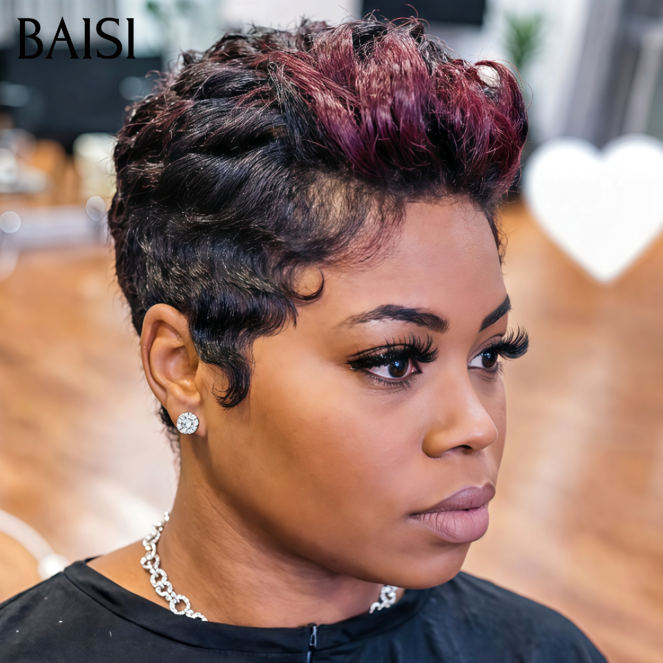 Pixie 69€ PROMO Maintenant 13X4 lace frontal Perruques NOIR Mixte bordeaux en 100% vrais cheveux humains