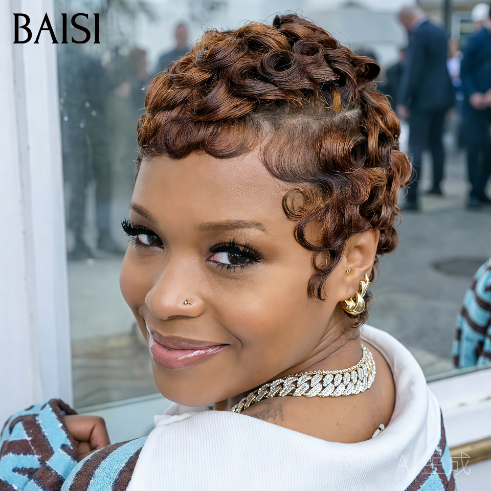 BAISI Perruque chioma Pixie Finger Wave petite coupe fabriqué à la machine en Couleur marron 6 Pouces En 100% Cheveux Humains MP50