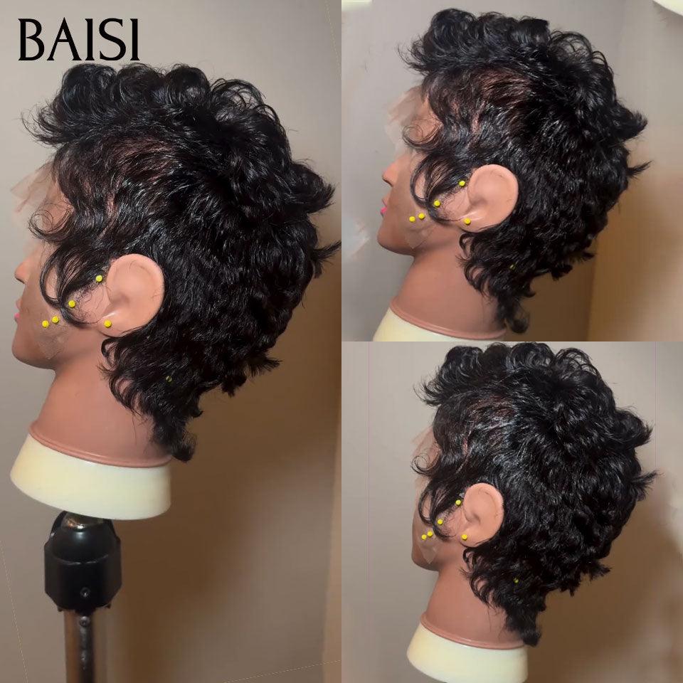 BAISI Peruca ondulada Pixie Cut Full Lace Finger Wave pequeno corte na cor preta em 100% cabelo humano BS50