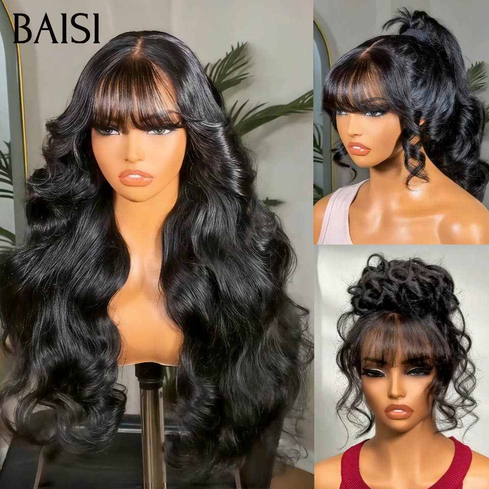 Nouveau produit  Moitié prix 13x4 lace frontal Perruque Body wave avec Frange PROMO 1 perruque avec 3 coiffure en couleur NOIR en 100% Cheveux Humains