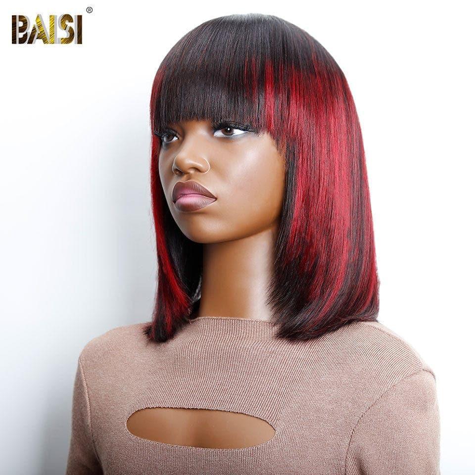 BAISI perruque Bob Lisse Avec Frange 10 pouces en couleur noir et Rouge Bordeaux 99J ou 1Bmix30# en 100% cheveux humains VIP100