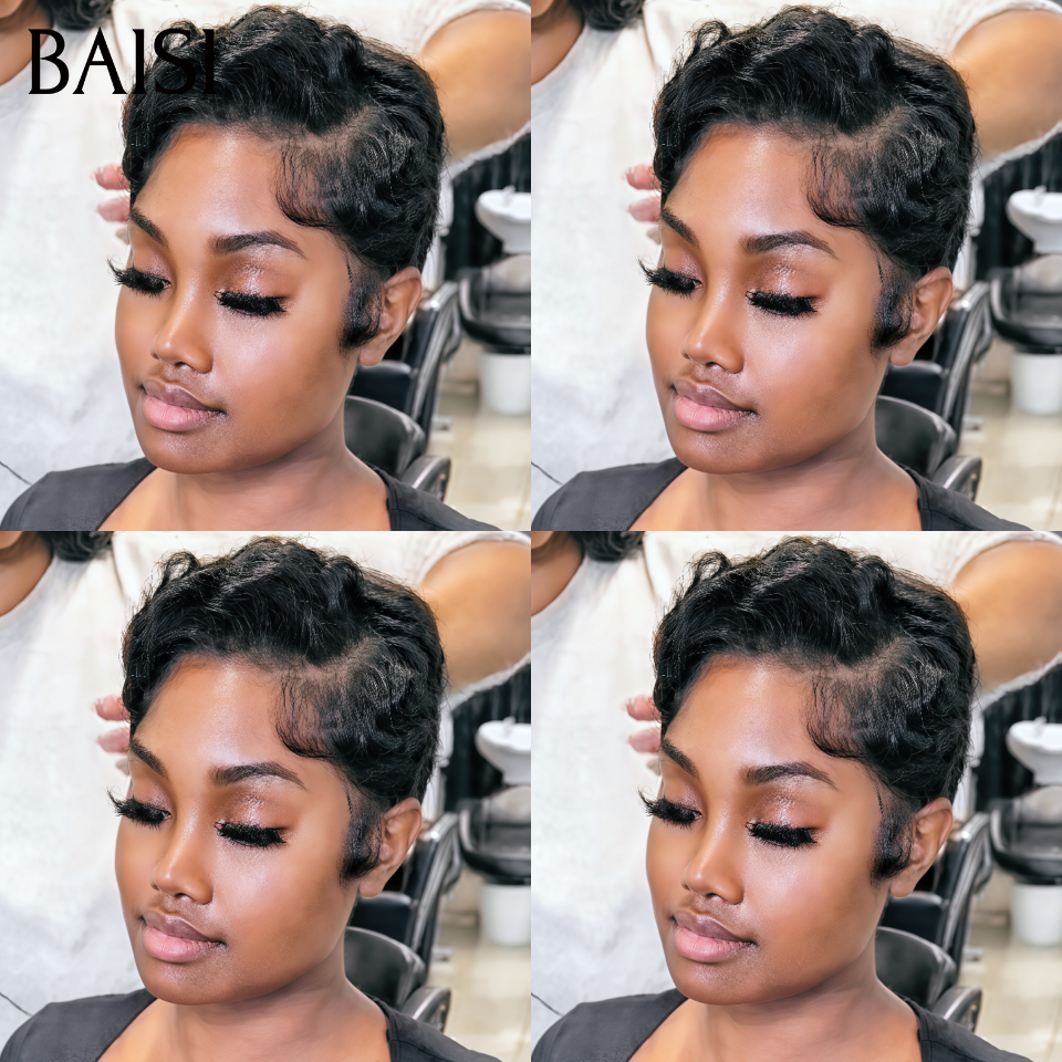 Pixie 49€ PROMO Maintenant 13X4 lace frontal Perruques NOIR pixie cut en France en 100% vrais cheveux humains