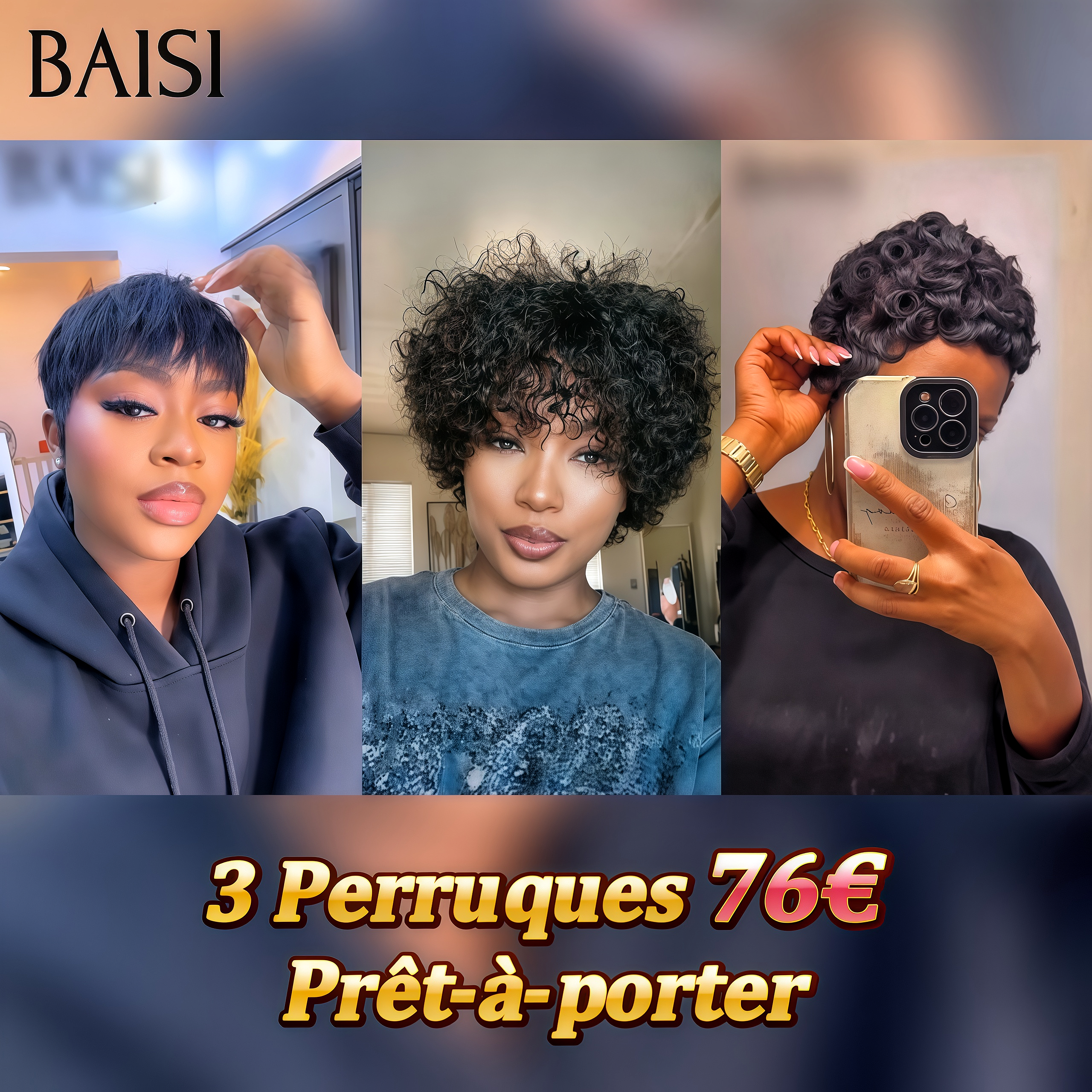 BAISI HAIR FR 3 Perruques 76€ pixie sans colle sans lace En 100% Cheveux Humains