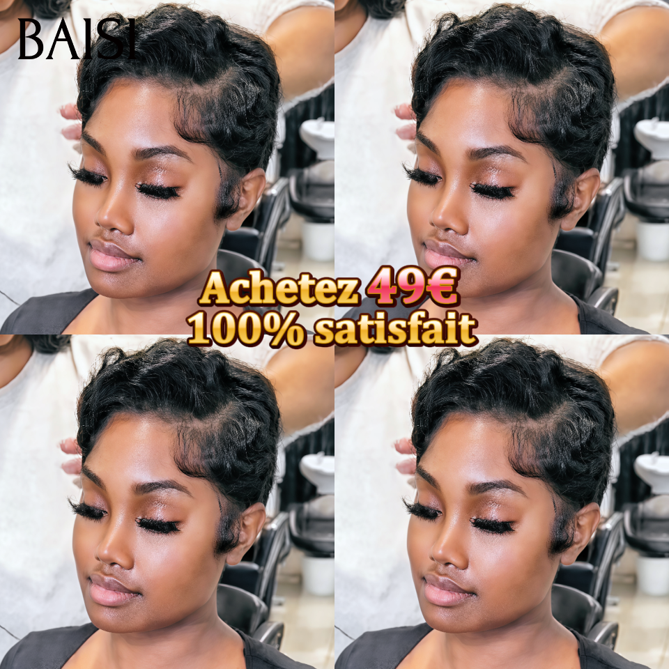 Pixie 49€ PROMO Maintenant 13X4 lace frontal Perruques NOIR pixie cut en France en 100% vrais cheveux humains
