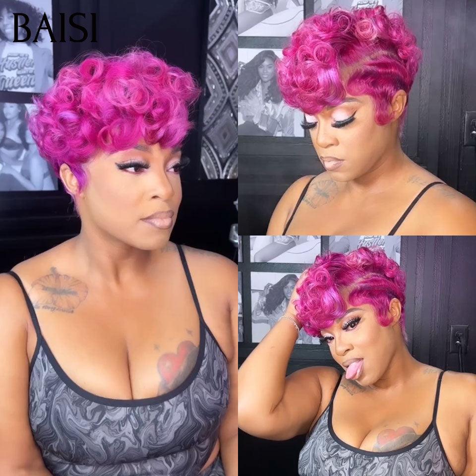 BAISI Perruque Full Lace 100% Cheveux Naturels Full Lace Perruque Pixie Naturelle Wave petite coupe en Couleur Rose 149€ en 100% cheveux humains FR38