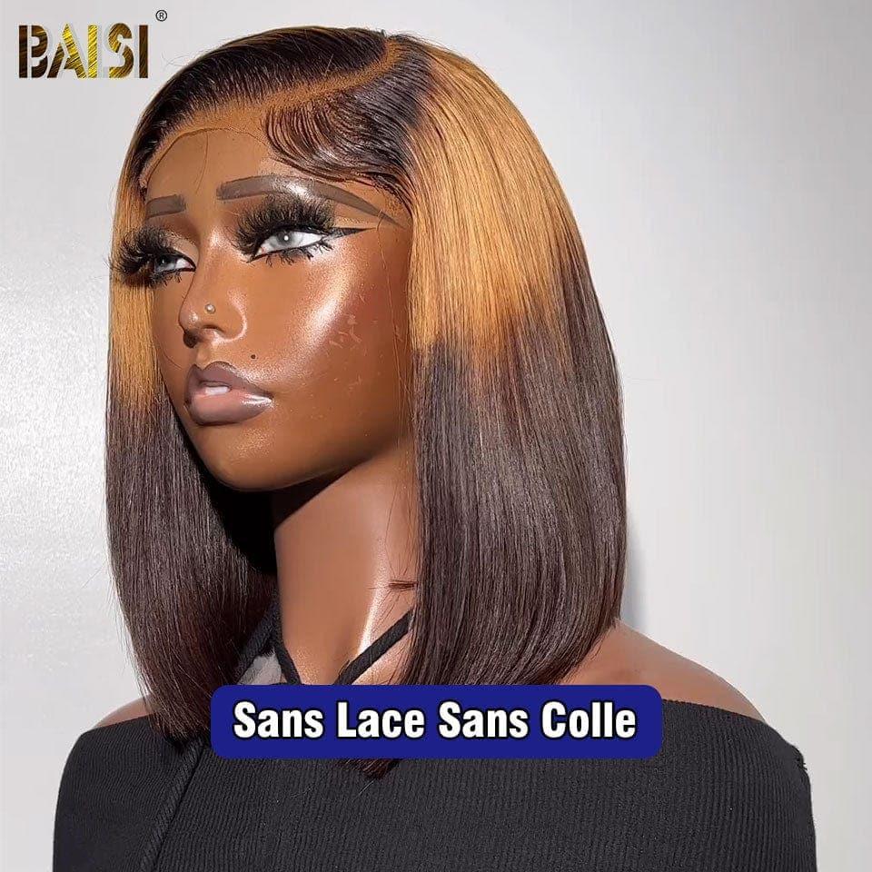 BAISI 13x4 Frontal Straight bob wig in color 4T#27#4# Pre-plucked No Glue Needed in 100% Raw Hair Lace already cut