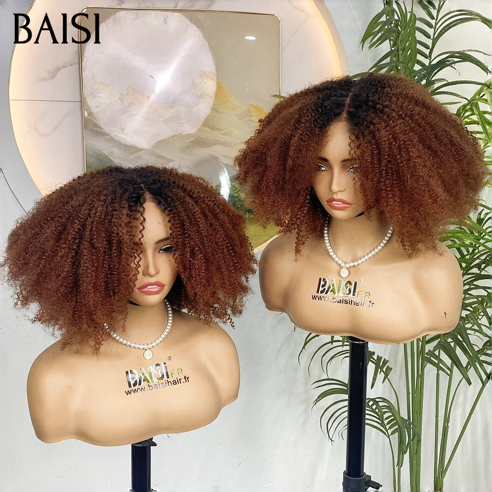 BAISI Perruque BOB kinky curly 14 Pouces couleur Marron 1BT4# en 100% Cheveux Humains