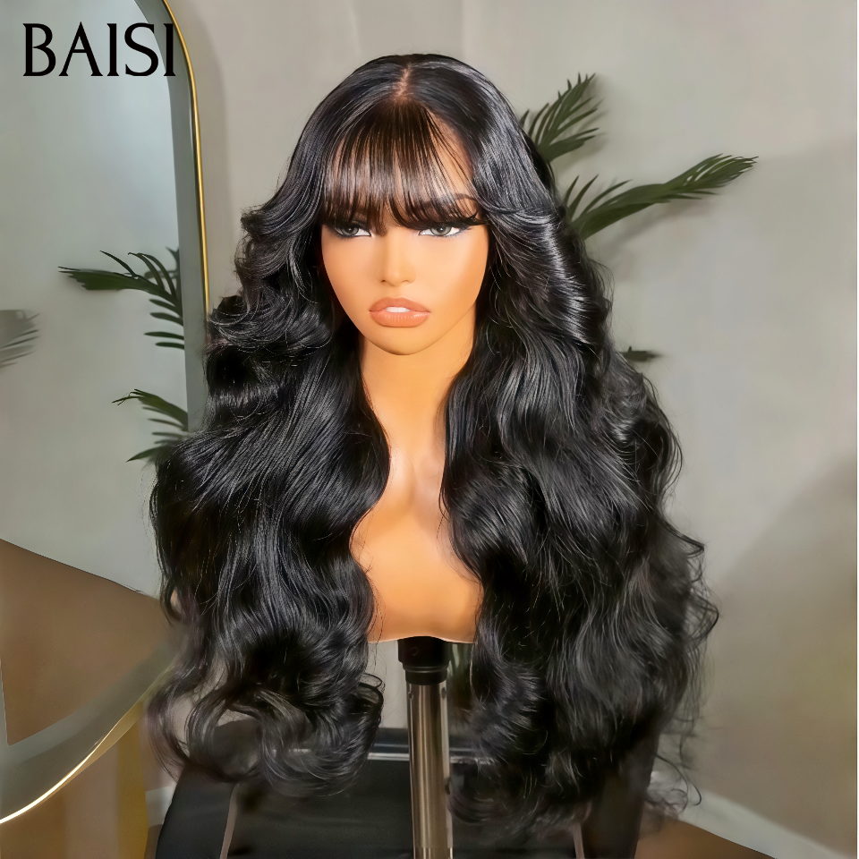 Nouveau produit  Moitié prix 13x4 lace frontal Perruque Body wave avec Frange PROMO 1 perruque avec 3 coiffure en couleur NOIR en 100% Cheveux Humains