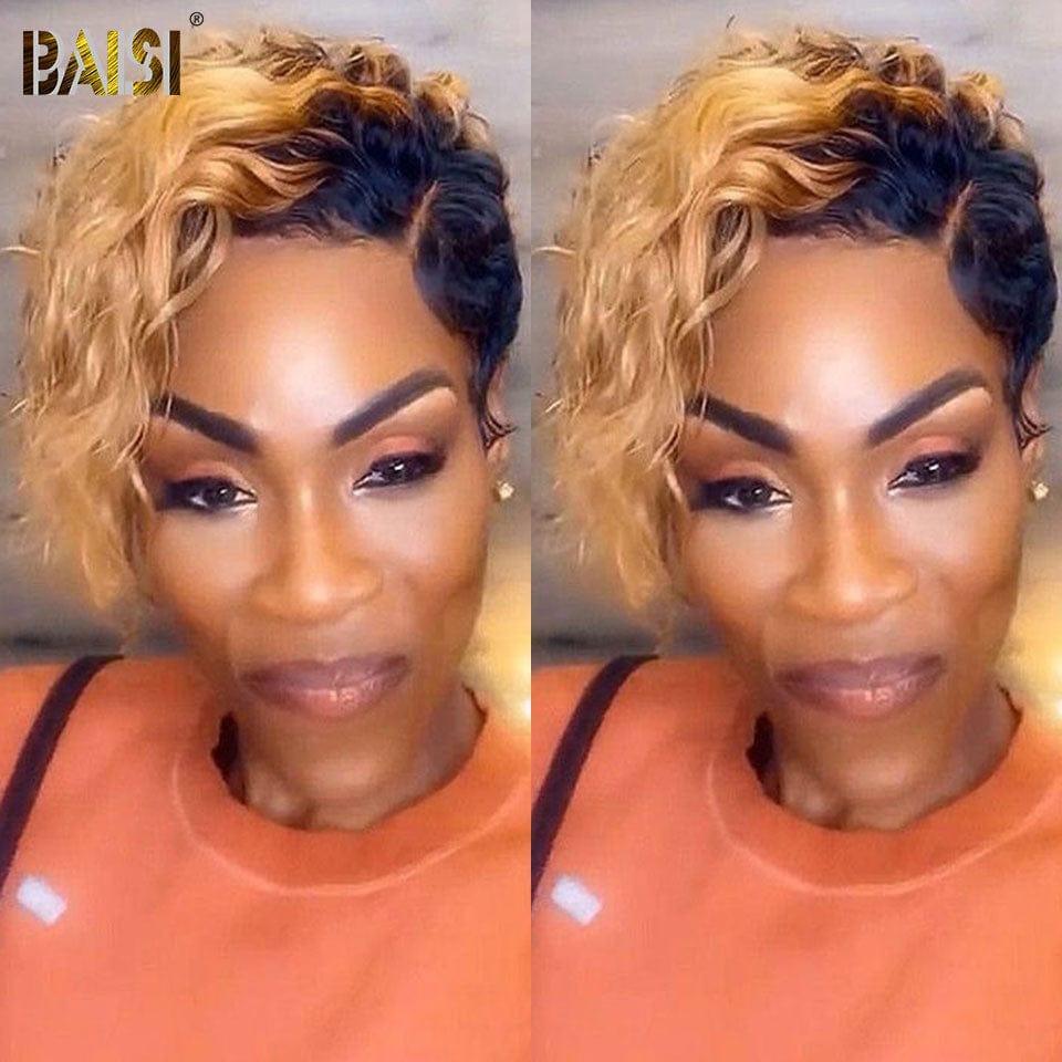 BAISI bouclé Wave avec Frange sans Colle 66€ ou 5X5  Perruque pixie Vague curly En Couleur Noir et Miel 1B-27# 95.99€ en 100% Cheveux Humains