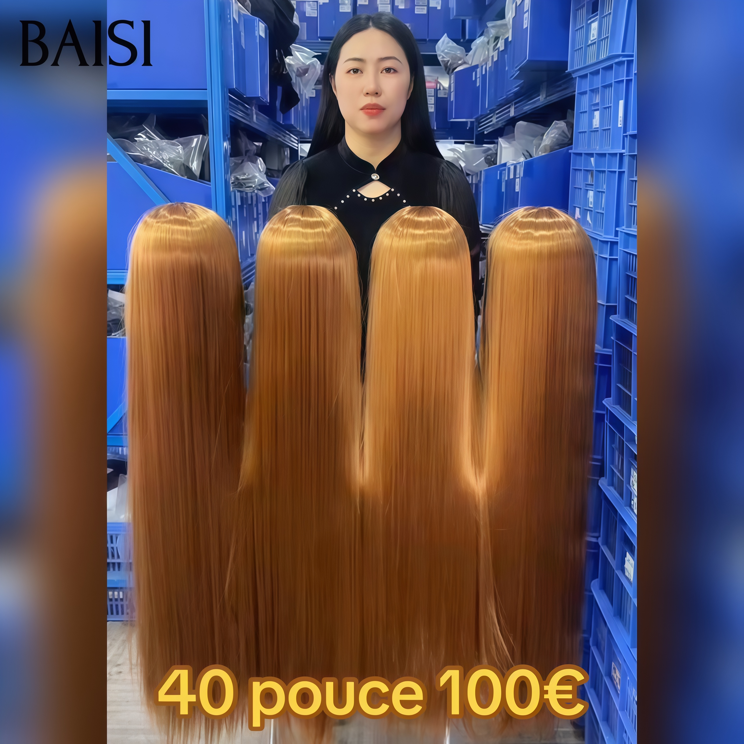 Perruque 40 Pouces 100€ Lisse avec Frange sans Colle Fabriqué à la Machine Miel en Blended human hair