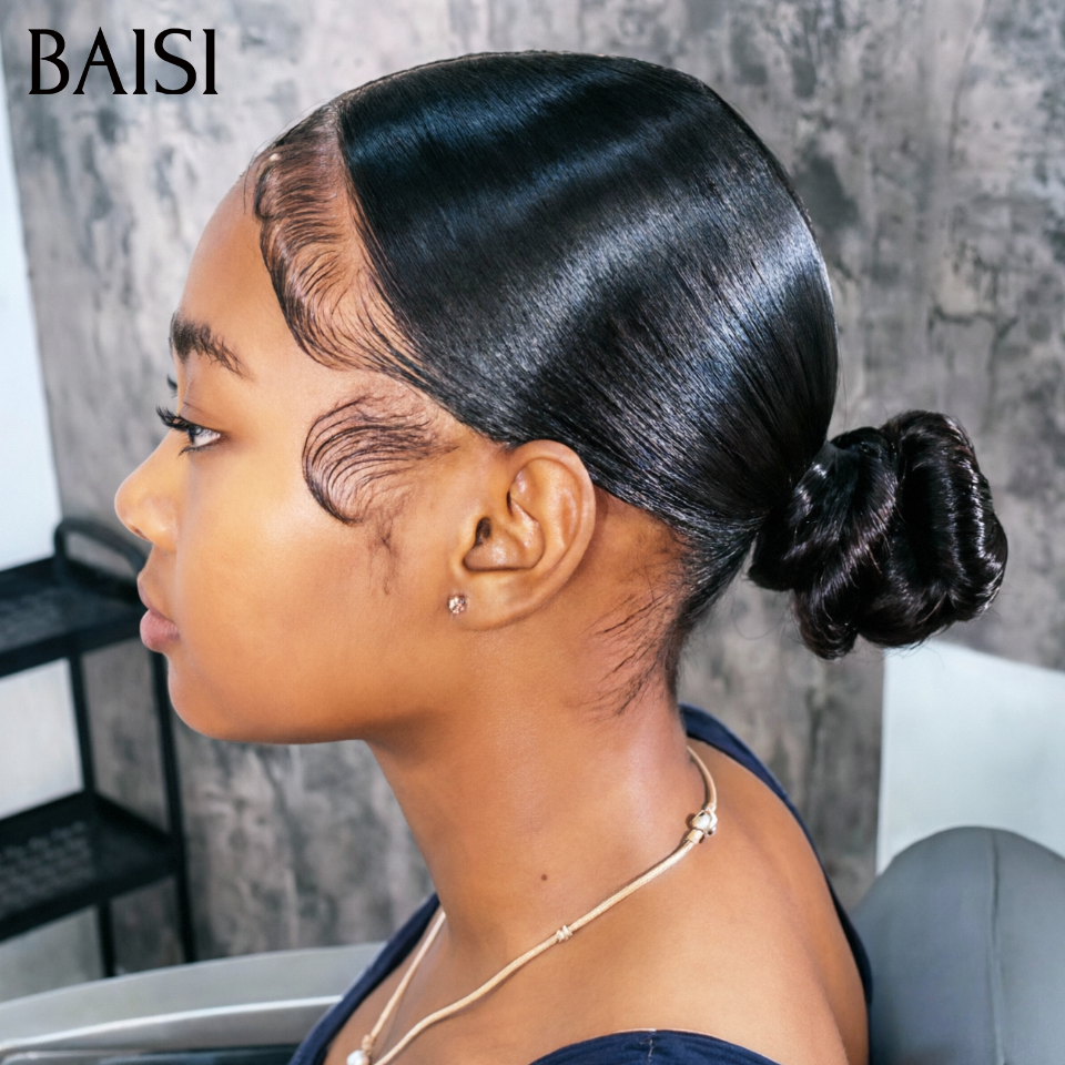 Nouveau produit Déjà Coiffée 13x4 lace frontal Perruque Coiffée Lisse 75€ avec Chignon de nattes en 100% Cheveux Humains