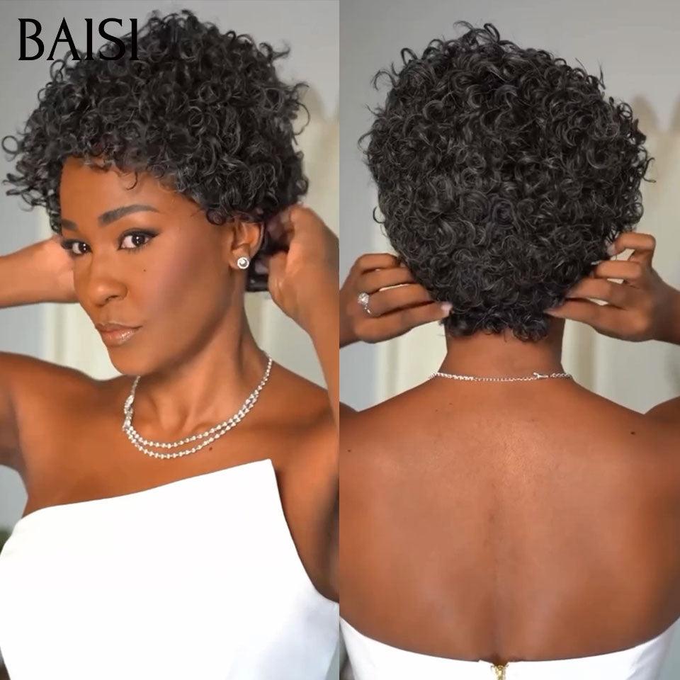 BAISI Promo 69€ Perruque pixie curly Wave Sans Lace Sans Colle en 100% Cheveux Humains Fabriqué à la Machine