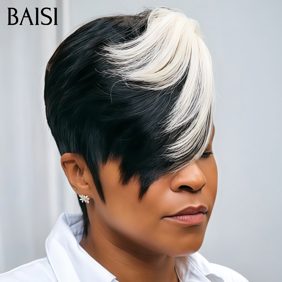 BAISI Perruque Pixie à la Mode 85€ Lisse Noir et blanc sans Colle Fabriqué à la Machine Moitié Prix Facile à porter en 100% Cheveux Humains