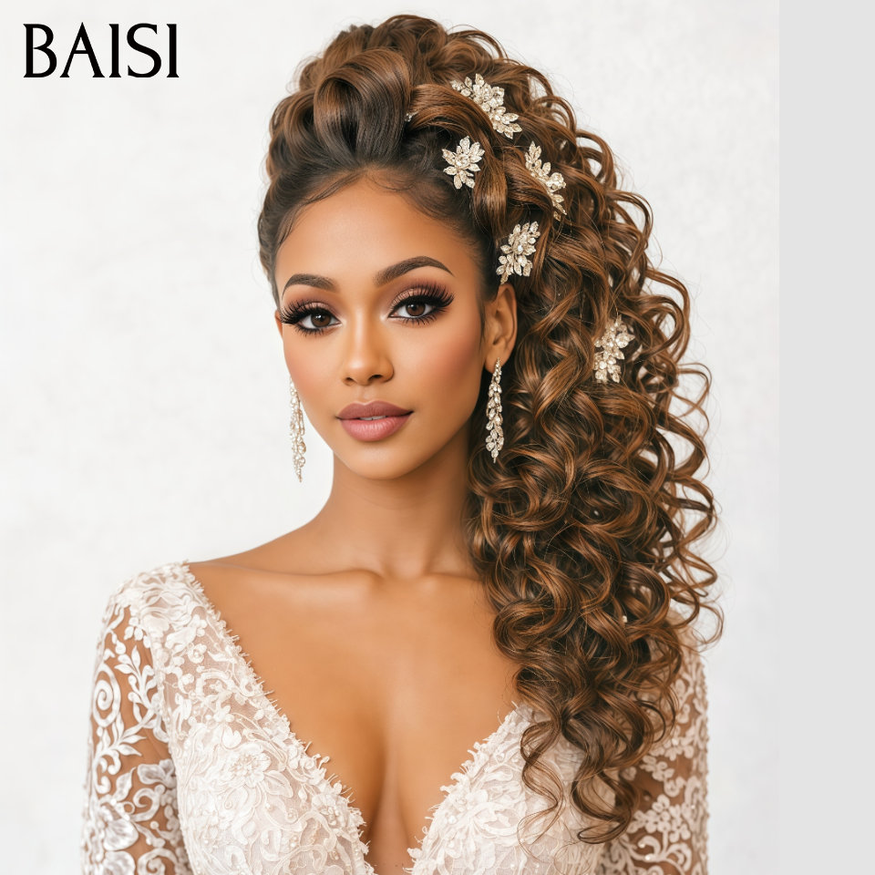 BAISI Coiffure déjà faites Perruques Mariage NOIR Mixte Miel Prête à porter chignon et personalisation comme sur la vidéo 100% identique avec lace frontale événement spécial