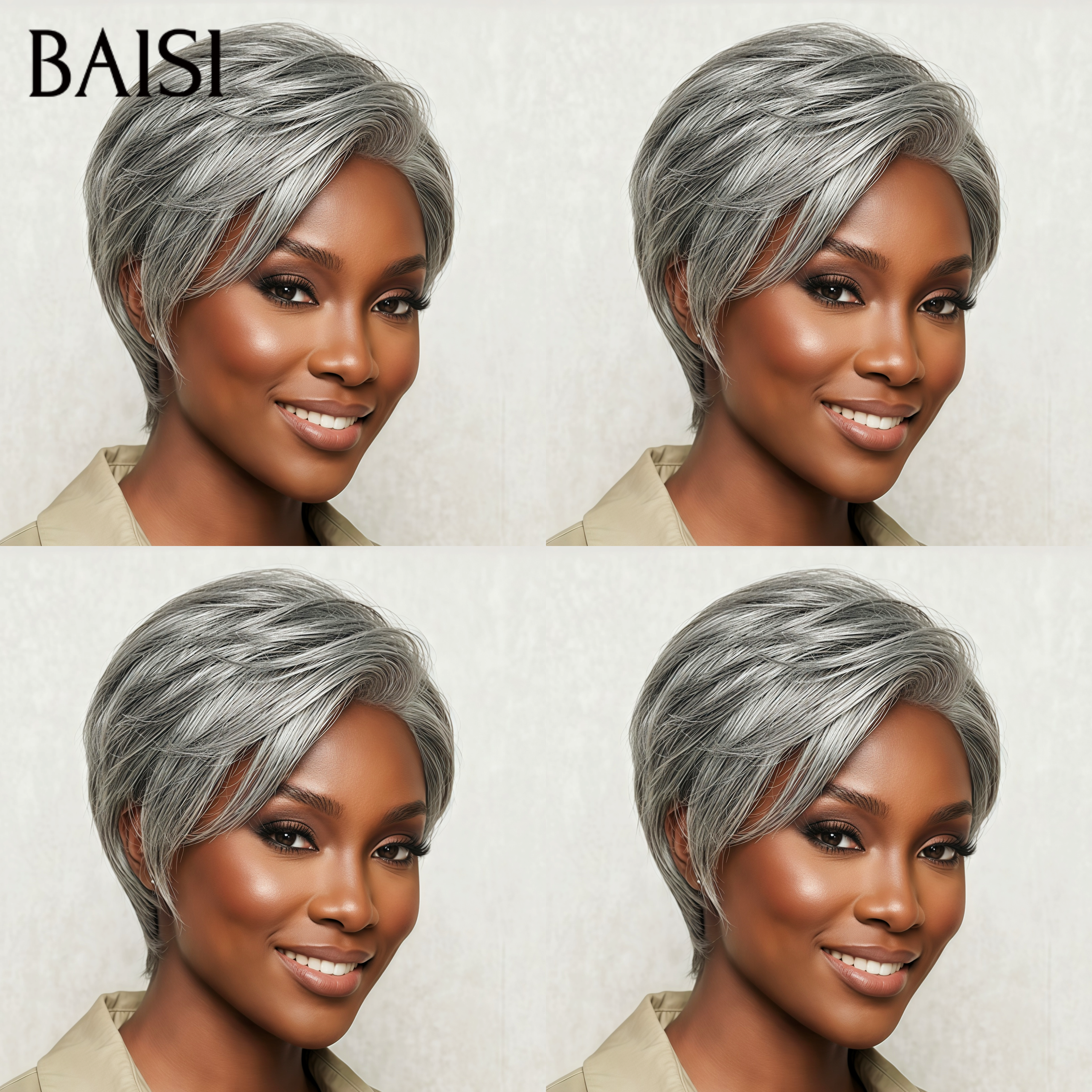 Perruques Poivre et Sel Perruque pixie Lisse gris sans Colle 68€ Fabriqué à la Machine Facile à porter en 100% Cheveux Humains