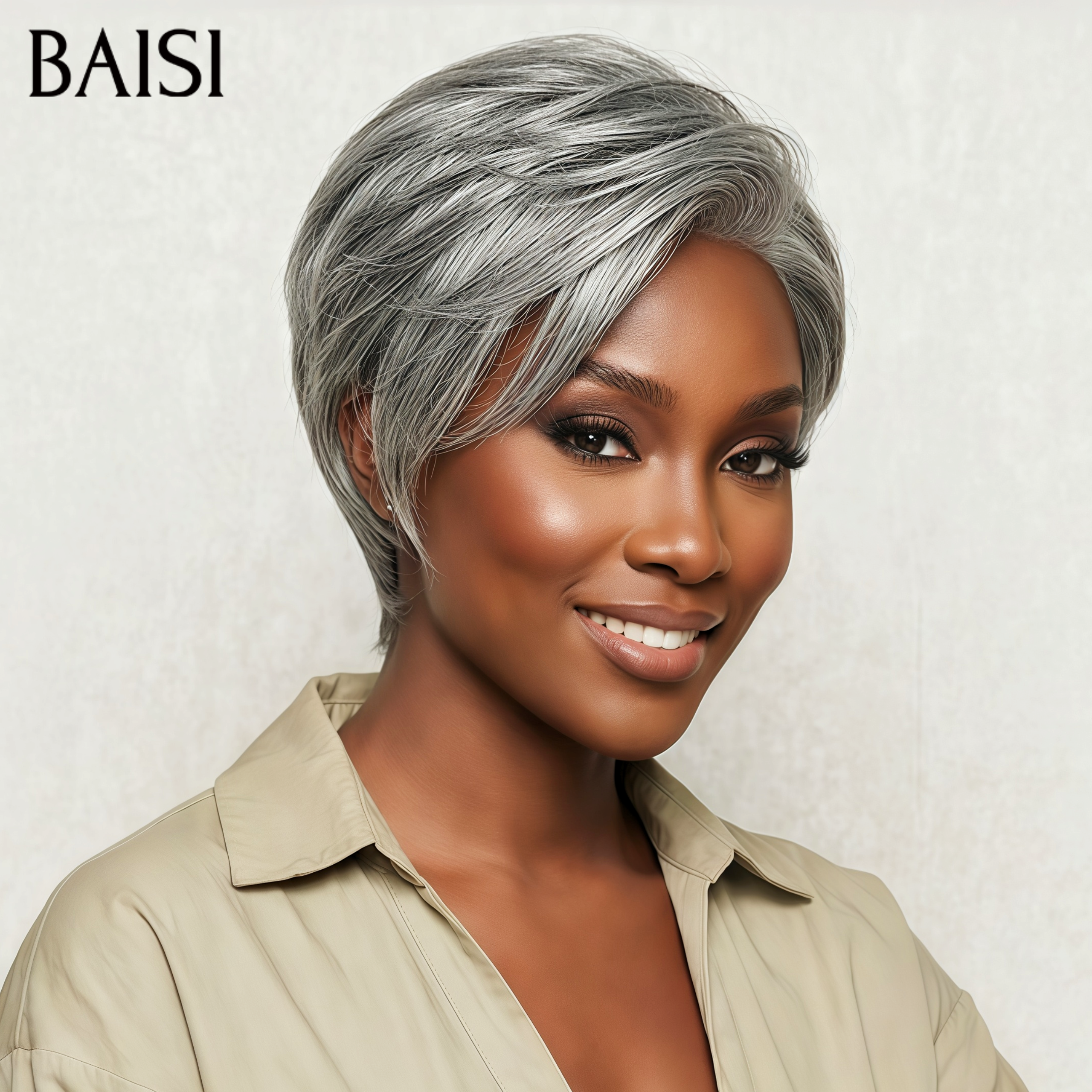 Perruques Poivre et Sel Perruque pixie Lisse gris sans Colle 68€ Fabriqué à la Machine Facile à porter en 100% Cheveux Humains