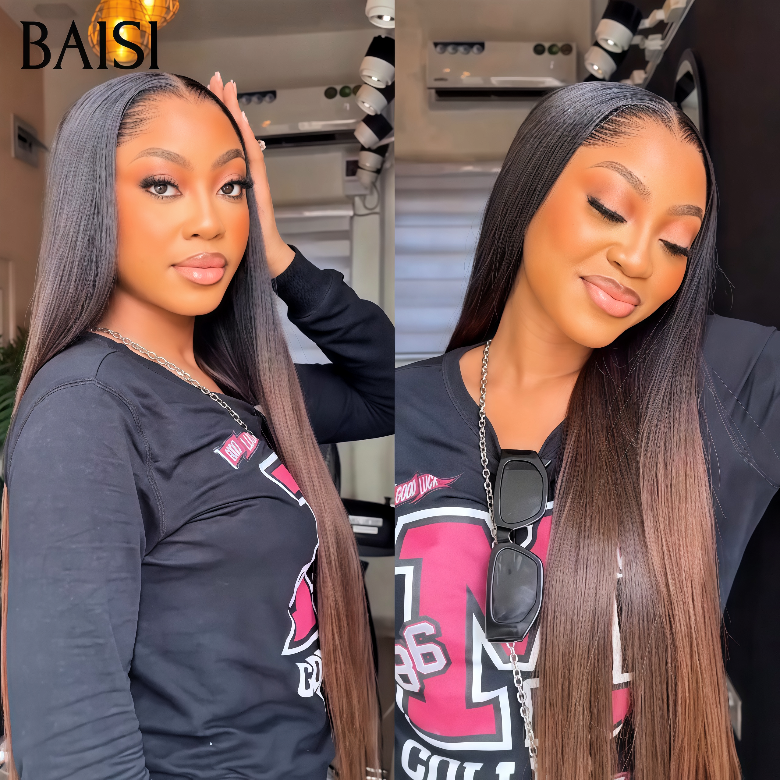 BAISI Sans Colle 13X4 HD lace frontal Perruque Promo pour revendre long lisse marron 1BT4# Invisible HD lace 100% Raw Hair en 100% vrais cheveux humains