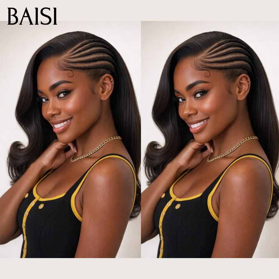 BAISI Achetez 2 perruques minimum au prix d'usine fournisseur 13X4 perruque avec coiffure tressée natte body wave ou longue Kinky Curly 1BT4# en 100% cheveux humains