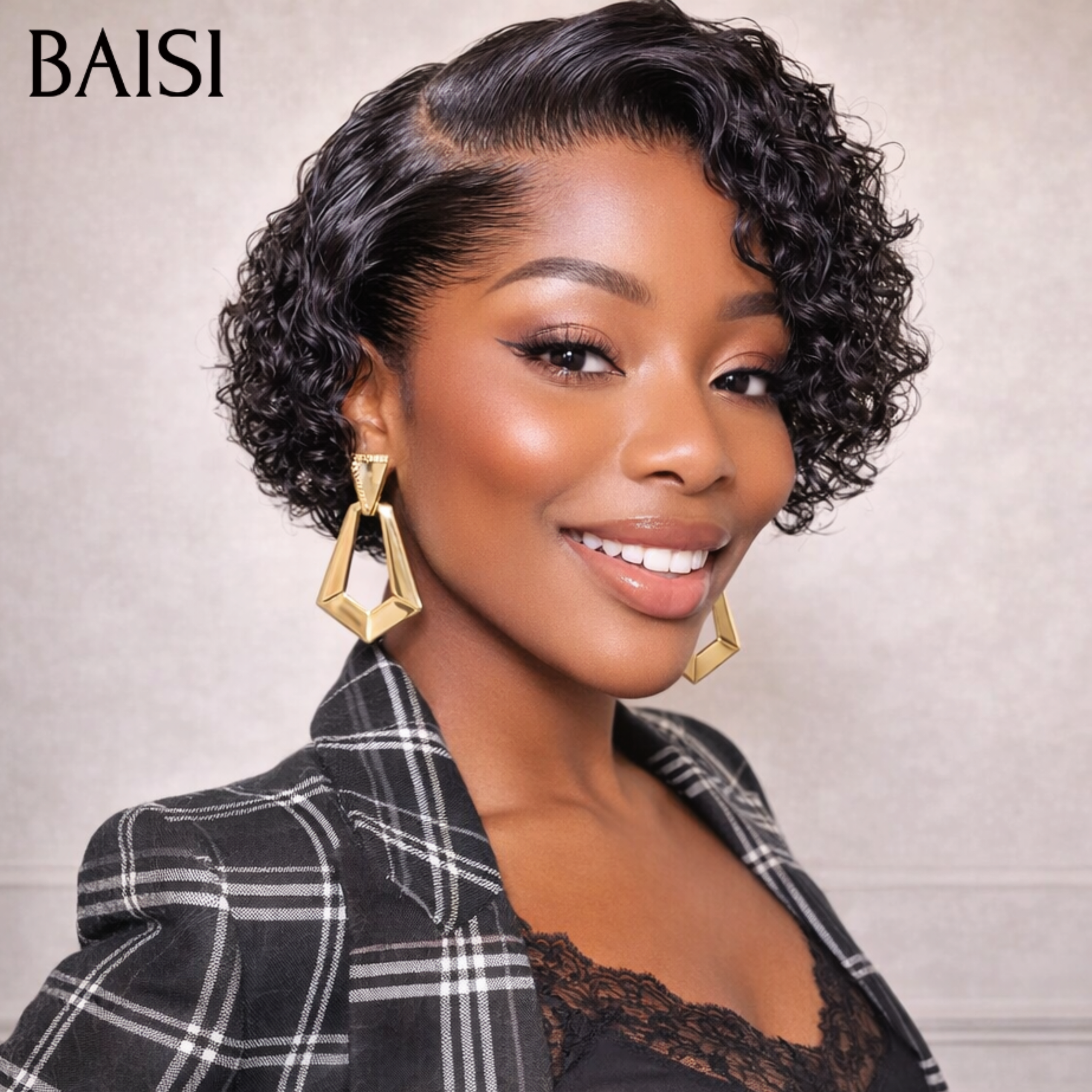 BAISI Promo À partir de 68€ Coupe Pixie Noir Curly en 100% vrais cheveux humains