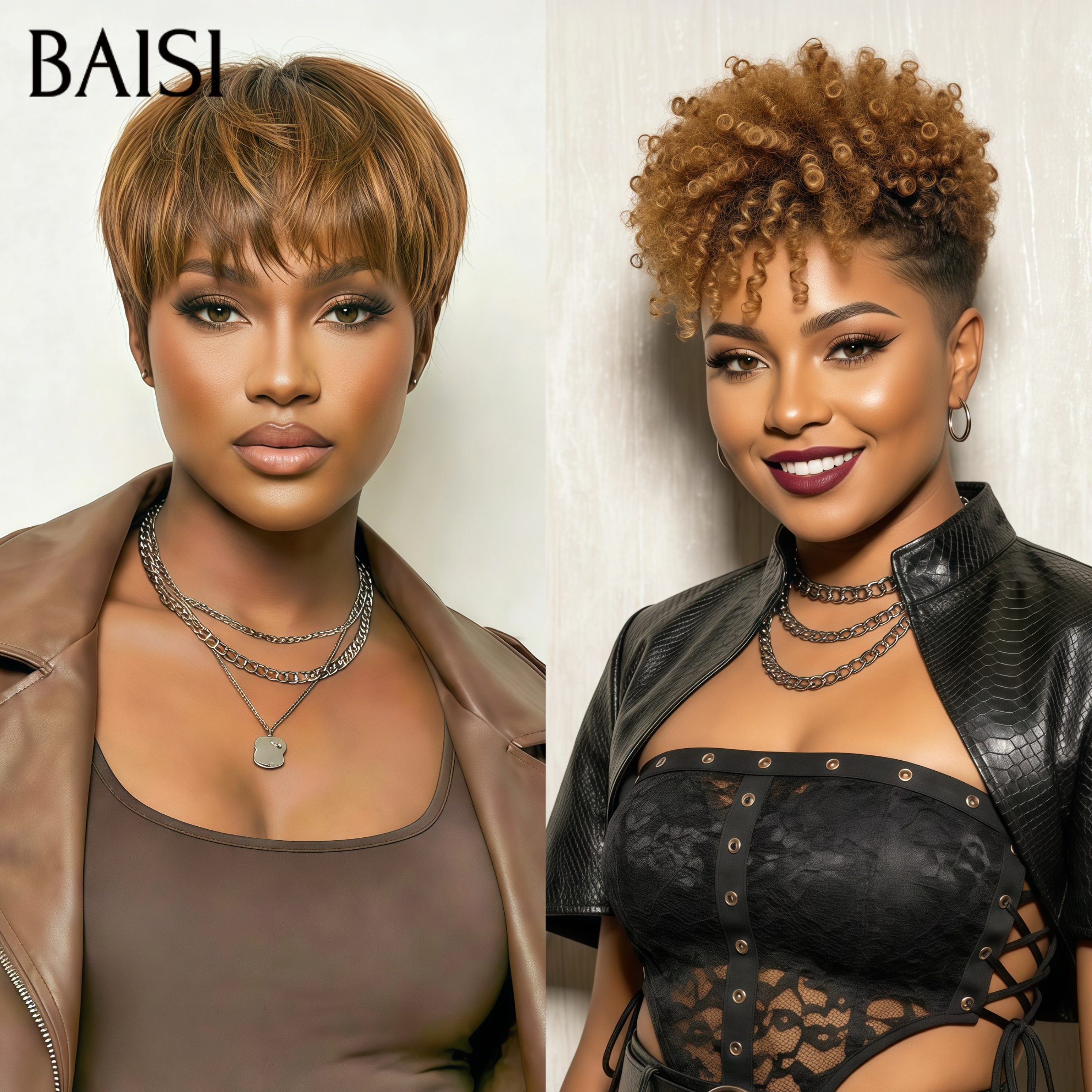 BAISI 2 Perruques 99€ sans colle lisse ou kinky curly marron Fabriqué à la Machine 100% vrais cheveux humains