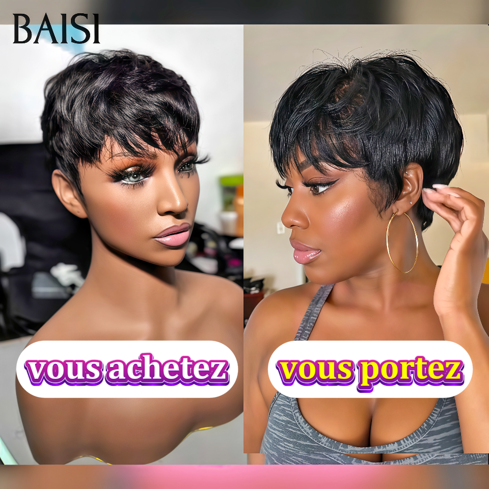 BAISI 1 pixie OFFRE FLASH Pixie Coupe Sans Colle 39€ Sans lace lisse en 100% Cheveux Humains BS65