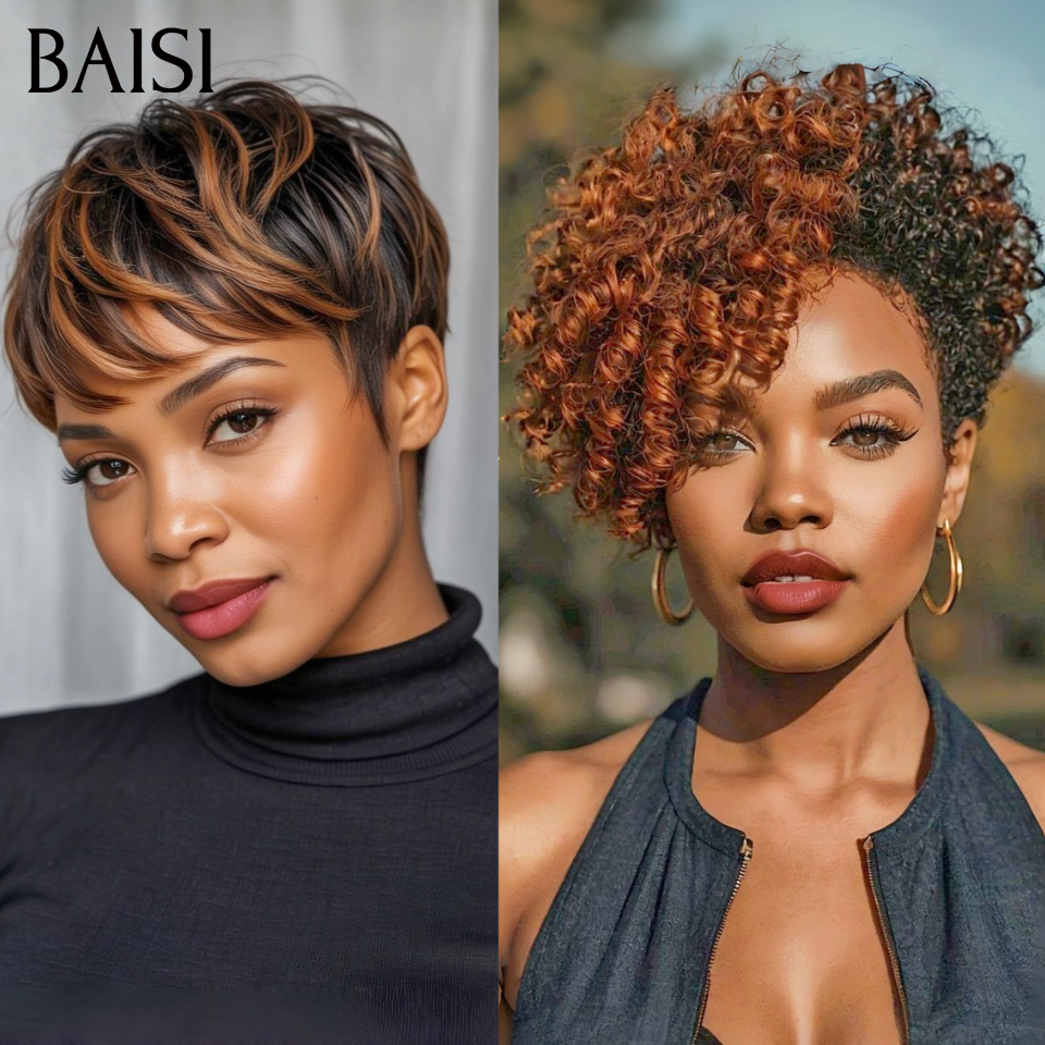 BAISI 2 Perruques 75€ sans colle lisse ou kinky curly NOIR Mixte brun Fabriqué à la Machine 100% vrais cheveux humains