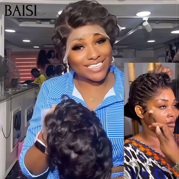 BAISI Parrucca Pixie Finger Wave taglio piccolo 13x4 frontale in pizzo 6 pollici € 79 In capelli umani al 100% BAISI20