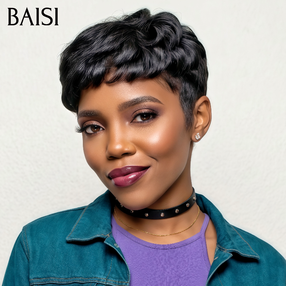 BAISI  Perruque pixie Fabriqué à la Machine Perruques personnalisées 49€ sans lace en 100% Cheveux humains BS65
