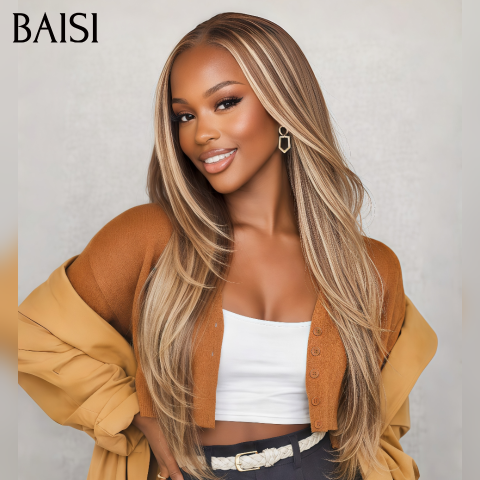 BAISI 13X4 perruque Lisse en Couleur marron Mixte Miel moitié prix en 24H 24 pouce 159€ Sans Colle Lace déjà couper Facile à Porter en 100% cheveux humains