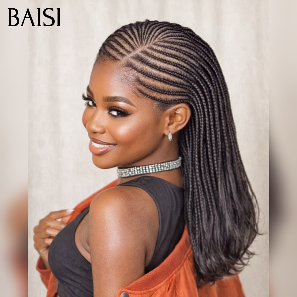 BAISI Perruque avec coiffure tressée natte Promo Moitié Prix 99€  Bob NOIR 14 Pouces facile à porter En 100% cheveux humains