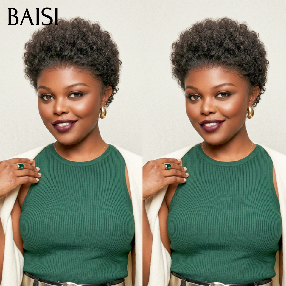BAISI pixie afro curly noir sans lace fabriqué à la machine 40€ Moitié Prix ou 13x4 lace frontal afro en 100% Cheveux Humains MP50