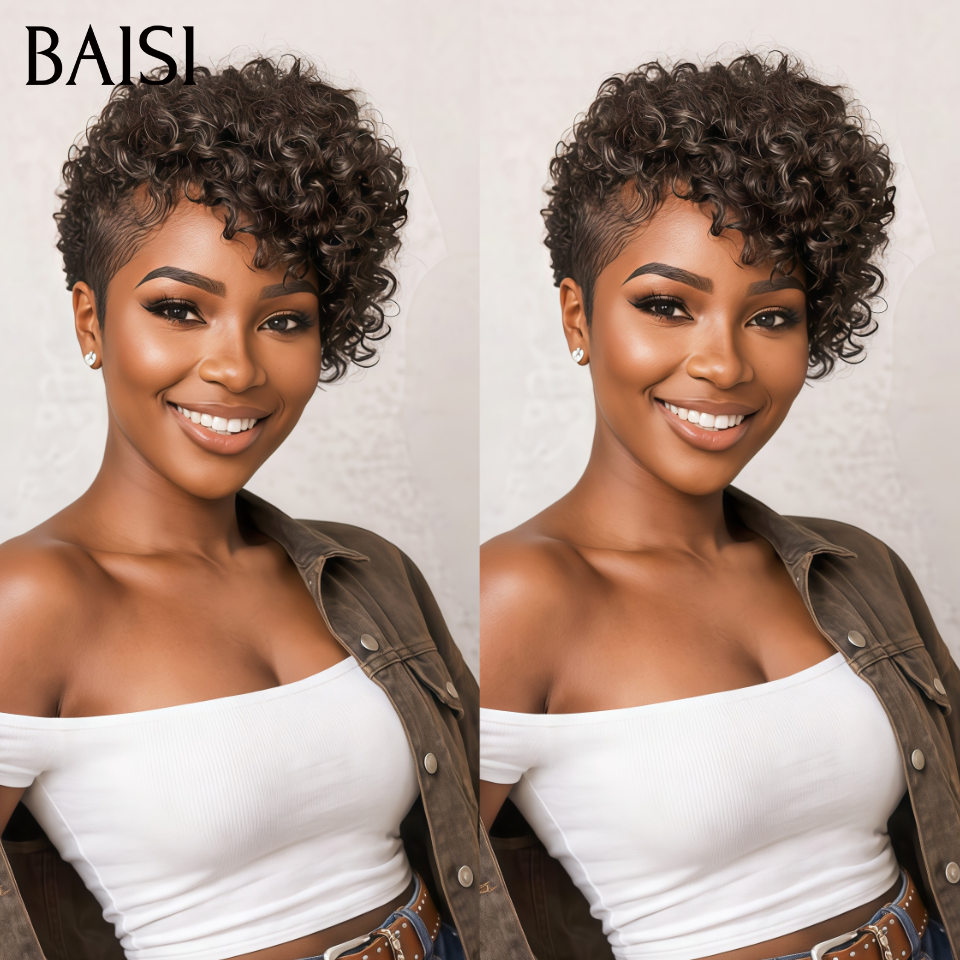 BAISI perruques pixie curly wave 100% identique à la photo cheveux  100% raw hair livraison internation rapide 2-7 jours + bcp de cadeaux surprises