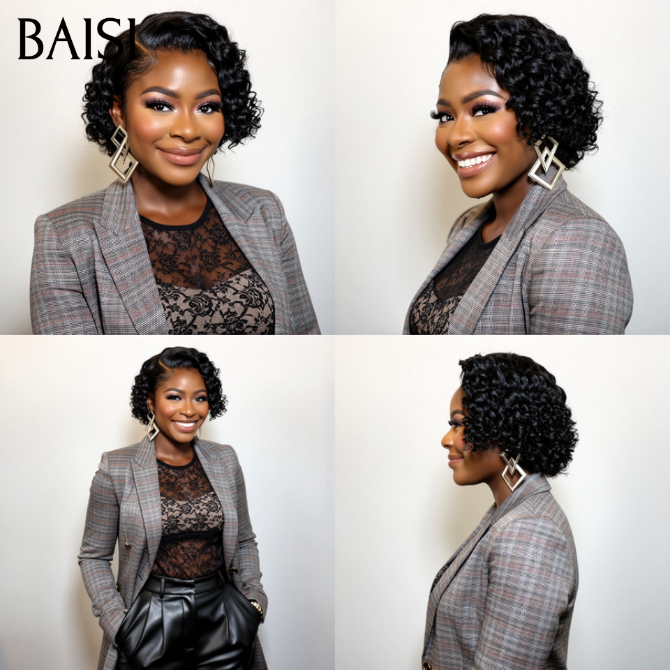 BAISI Offre Flash Perruques 65€ Pixie curly sans lace sans colle bouclé partout Noir en 100% cheveux humains FR38