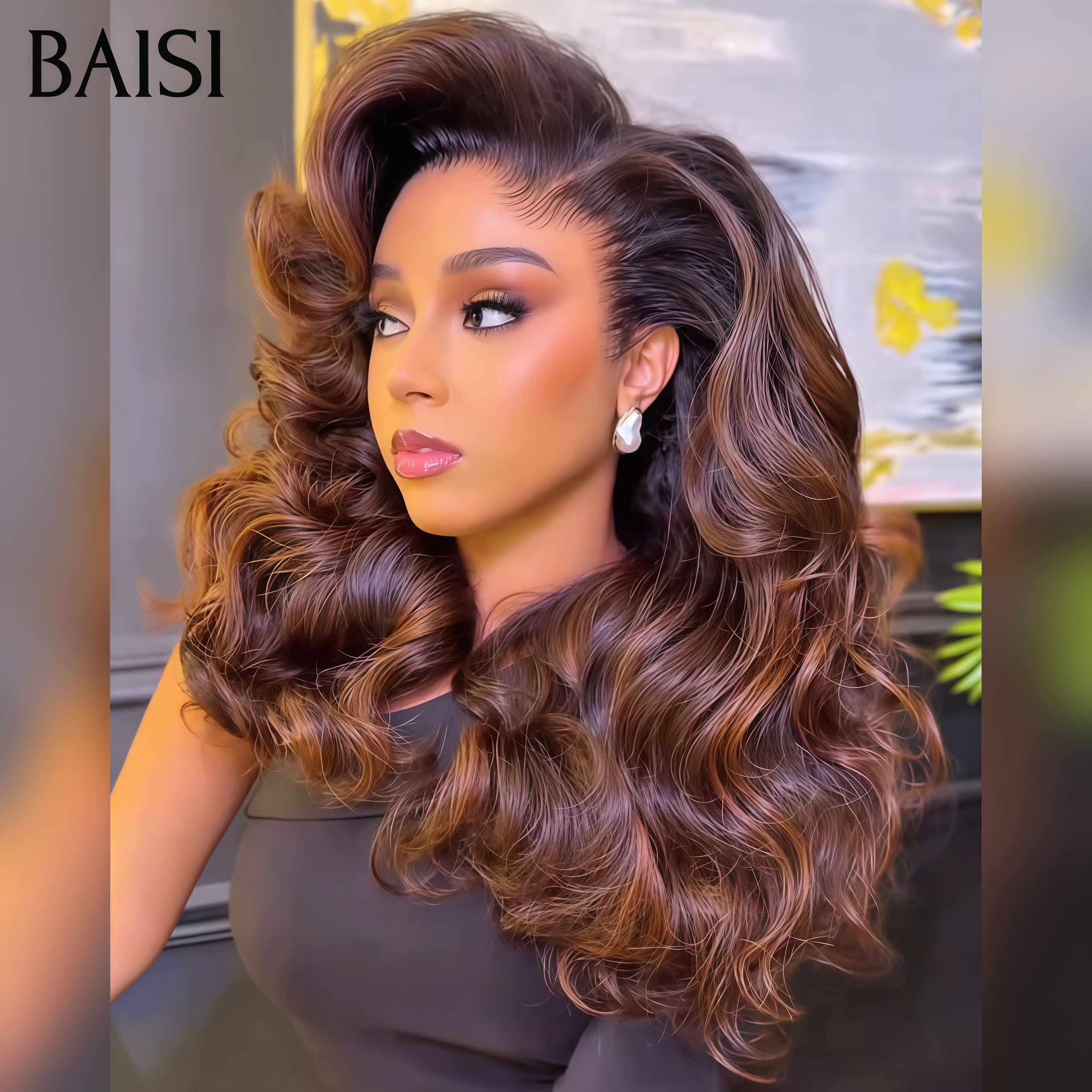 BAISI 69€ Marron Wave Blended Hair ou 13x4 Lace Frontale Perruque Body wave Marron Mixte Miel curly wave 20 Pouces 100€ Moitié Prix 100% Cheveux Humains soldes sans retour