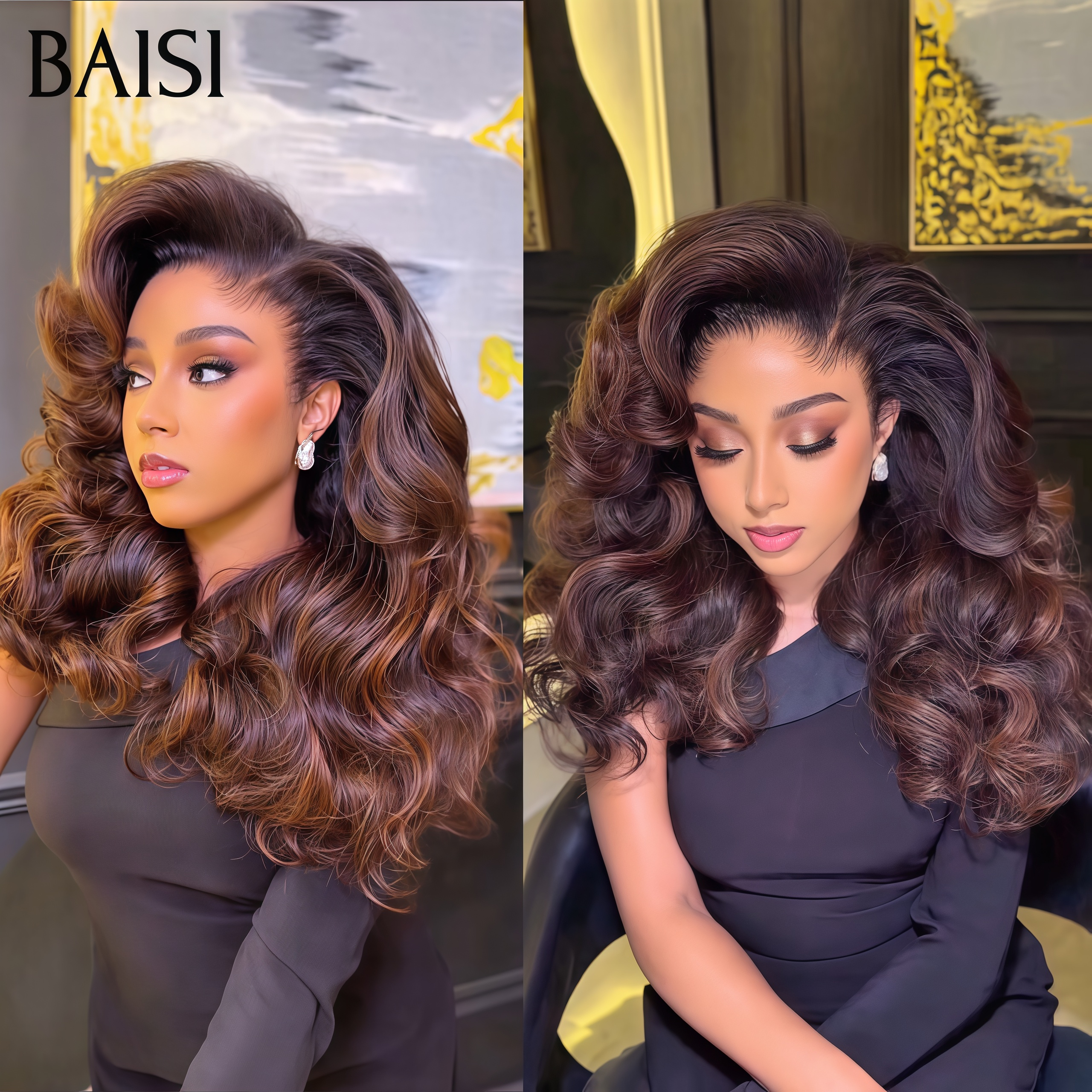 BAISI 69€ Marron Wave Blended Hair ou 13x4 Lace Frontale Perruque Body wave Marron Mixte Miel curly wave 20 Pouces 100€ Moitié Prix 100% Cheveux Humains soldes sans retour