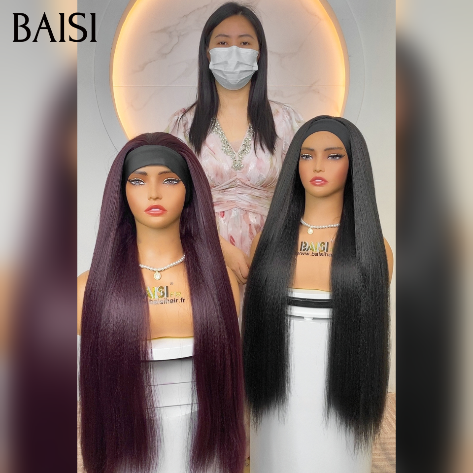 BAISI promotion 2 perruques 120€ Blended human hair Perruque bandeau kinky straight yaki 32 Pouces 2 couleurs Bordeaux ou noir sans Colle en 100% Cheveux Humains
