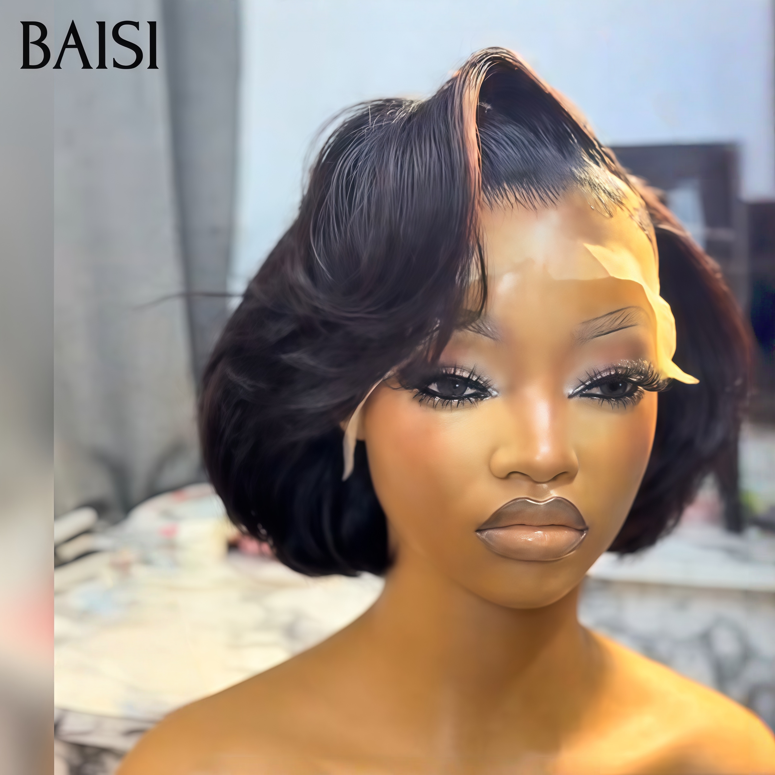 BAISI 13X4 Lace Frontal Peruca Pixie Preta 79€ egg wave a metade do preço em 100% Cabelo Humano