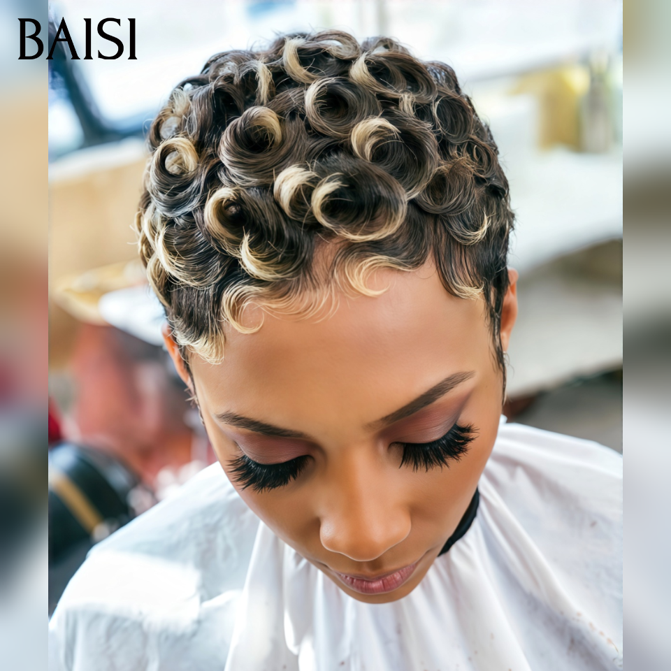 BAISI Perruque pixie chioma OFFRE FLASH 45€  Fabriqué à la Machine Promotion Mixte Miel en 100% Cheveux Humains