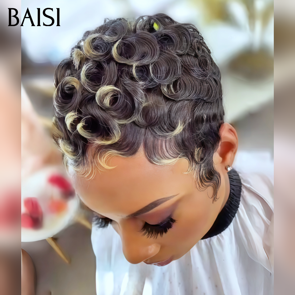 BAISI Perruque pixie chioma OFFRE FLASH 45€  Fabriqué à la Machine Promotion Mixte Miel en 100% Cheveux Humains