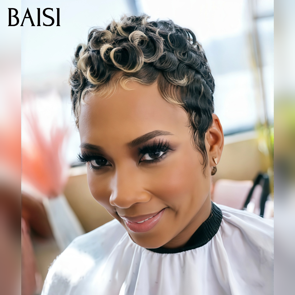 BAISI Perruque pixie chioma OFFRE FLASH 45€  Fabriqué à la Machine Promotion Mixte Miel en 100% Cheveux Humains