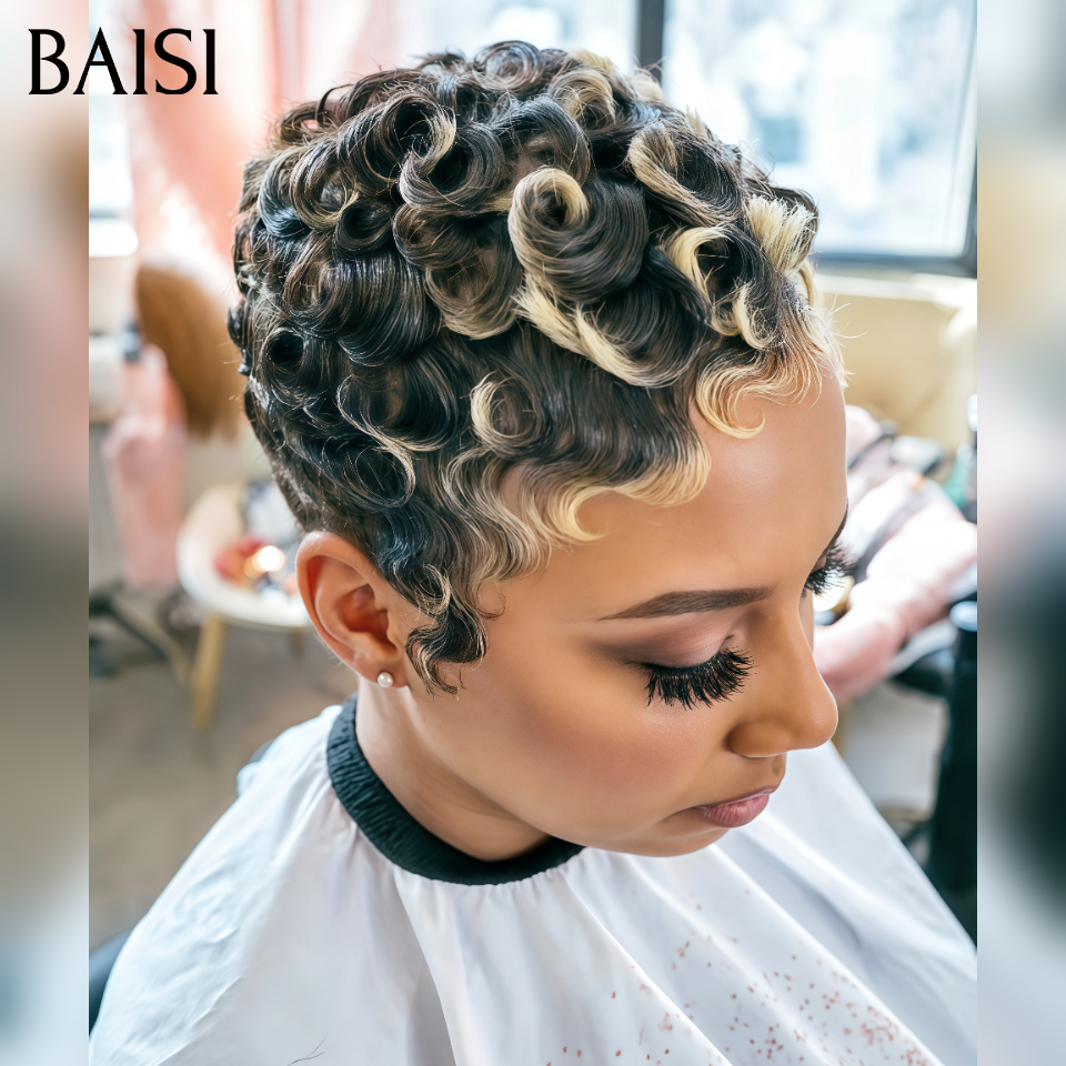 BAISI Perruque pixie chioma OFFRE FLASH 45€  Fabriqué à la Machine Promotion Mixte Miel en 100% Cheveux Humains
