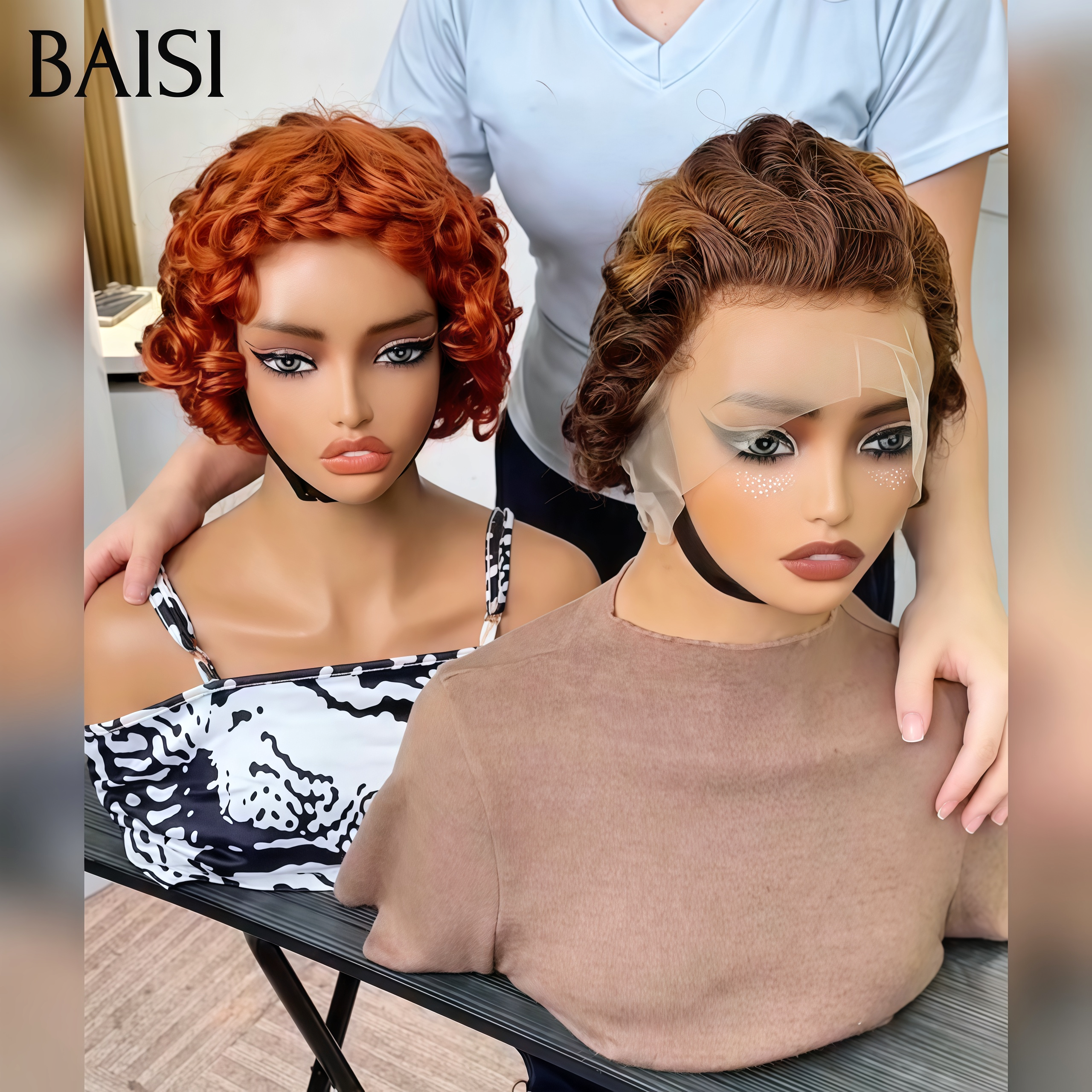BAISI 2 Perruques 80€ egg wave avec Frange Sans Colle en couleur orange et 13x4 lace pixie Marron mixte miel 100% Cheveux Humains