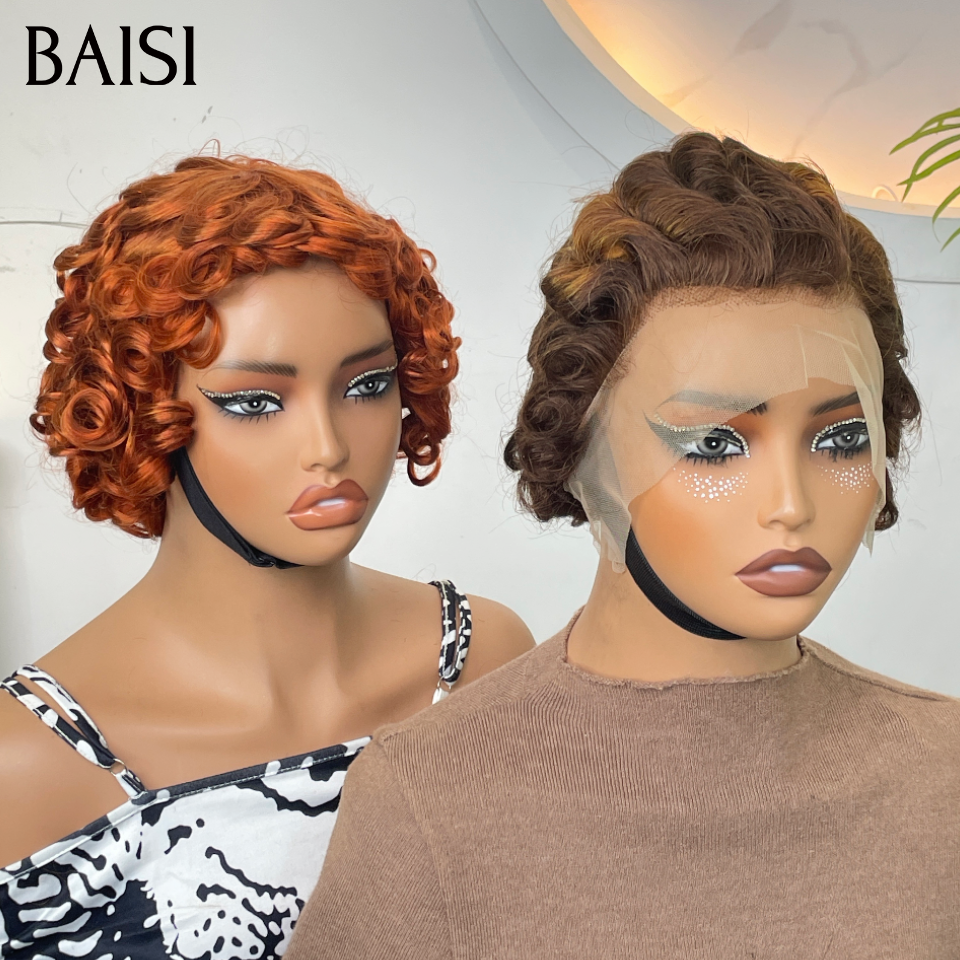 BAISI 2 Perruques 80€ egg wave avec Frange Sans Colle en couleur orange et 13x4 lace pixie Marron mixte miel 100% Cheveux Humains