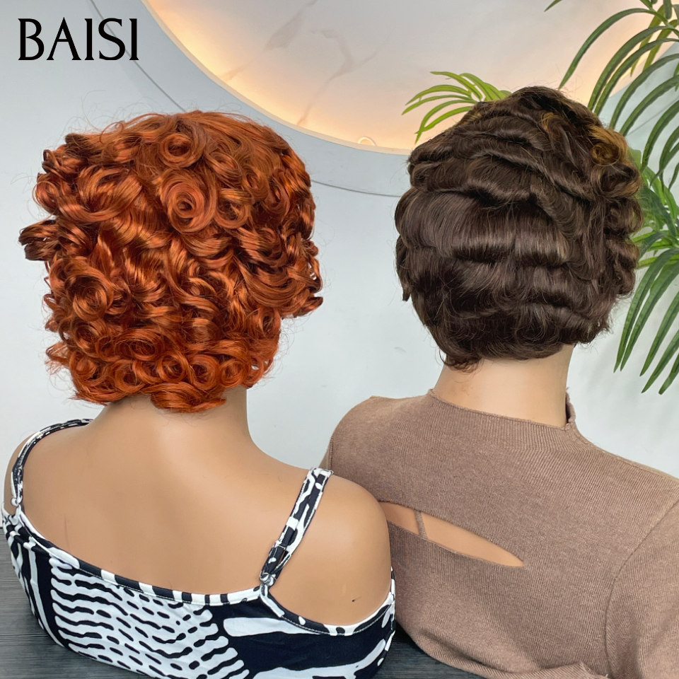 BAISI 2 Perruques 80€ egg wave avec Frange Sans Colle en couleur orange et 13x4 lace pixie Marron mixte miel 100% Cheveux Humains
