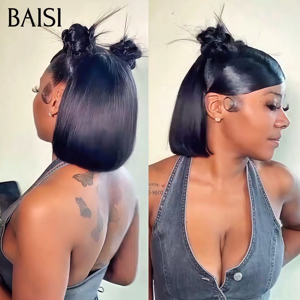 BAISI 13x4 Lace Frontal Perruque En Couleur NOIR Lisse Promo 89€ style tresses regroupées en chignon