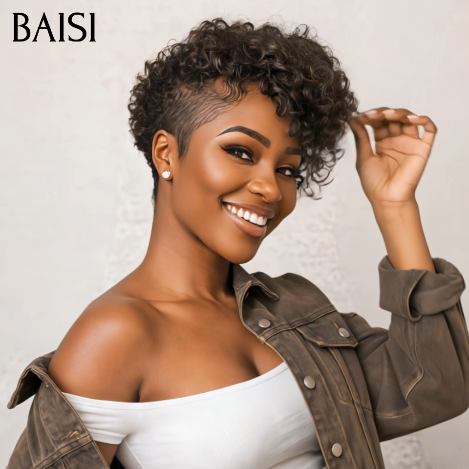 BAISI Perruque pixie curly wave OFFRE FLASH 68€ NOIR Fabriqué à la Machine Promotion en 100% Cheveux Humains